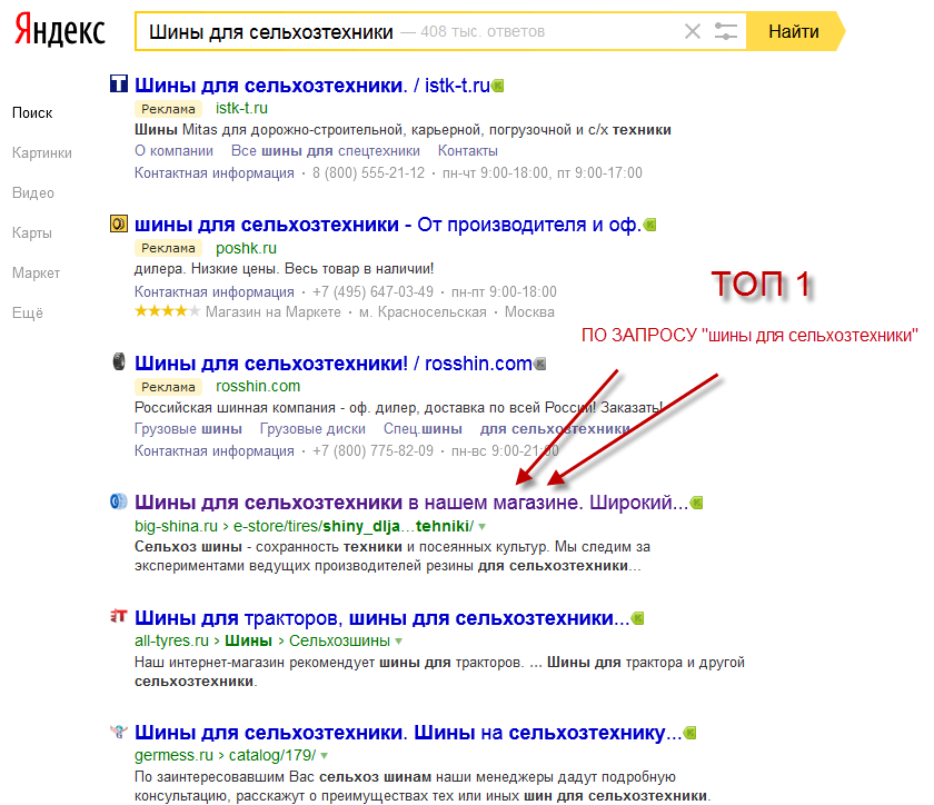Архивный скриншот результата SEO-продвижения страницы по запросу шины для сельхозтехники