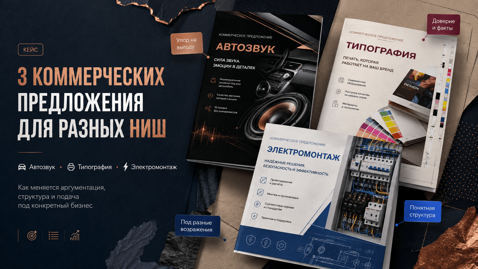 Кейс трёх коммерческих предложений для автозвука, типографии и электромонтажа