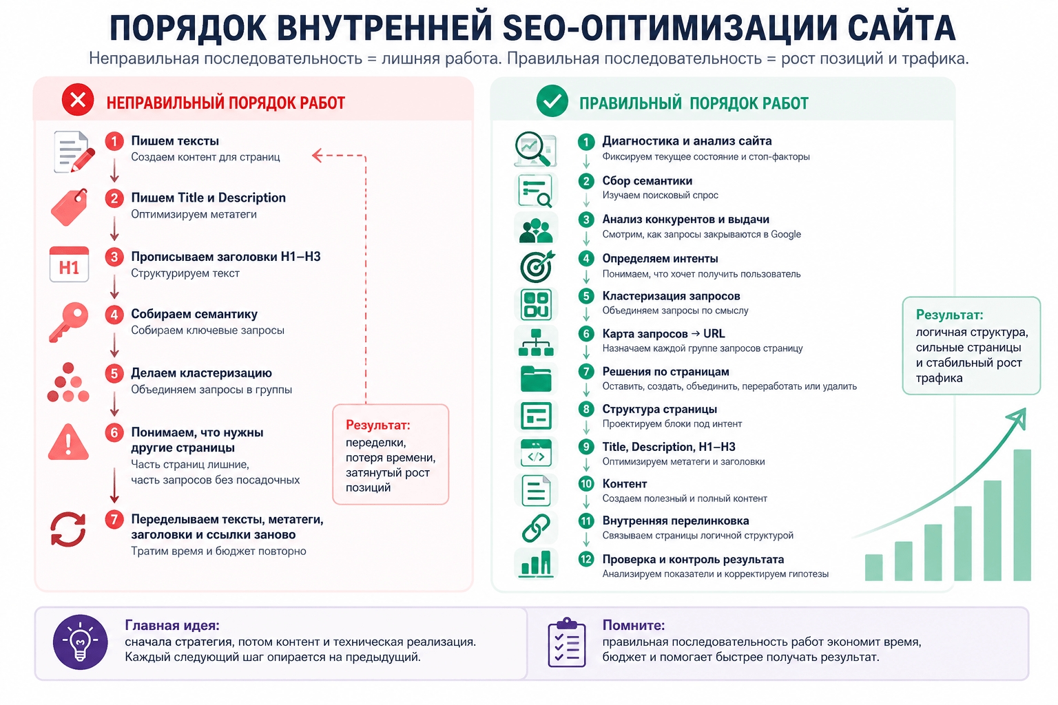 Правильный и неправильный порядок внутренней SEO-оптимизации сайта