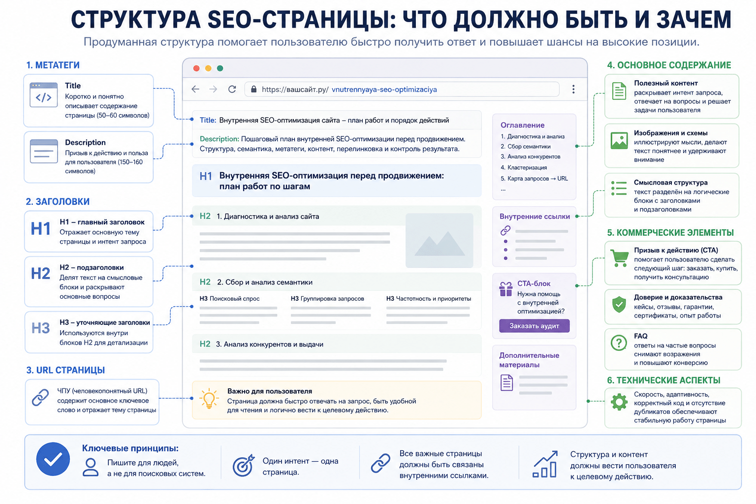 Структура SEO-страницы: метатеги, заголовки, контент, коммерческие и технические элементы