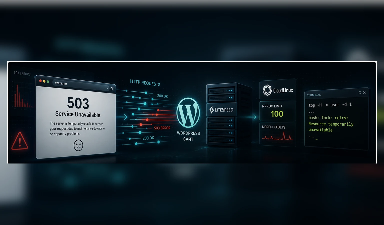 Схема расследования ошибки 503: WordPress, LiteSpeed, CloudLinux, NPROC Fault и ошибка fork