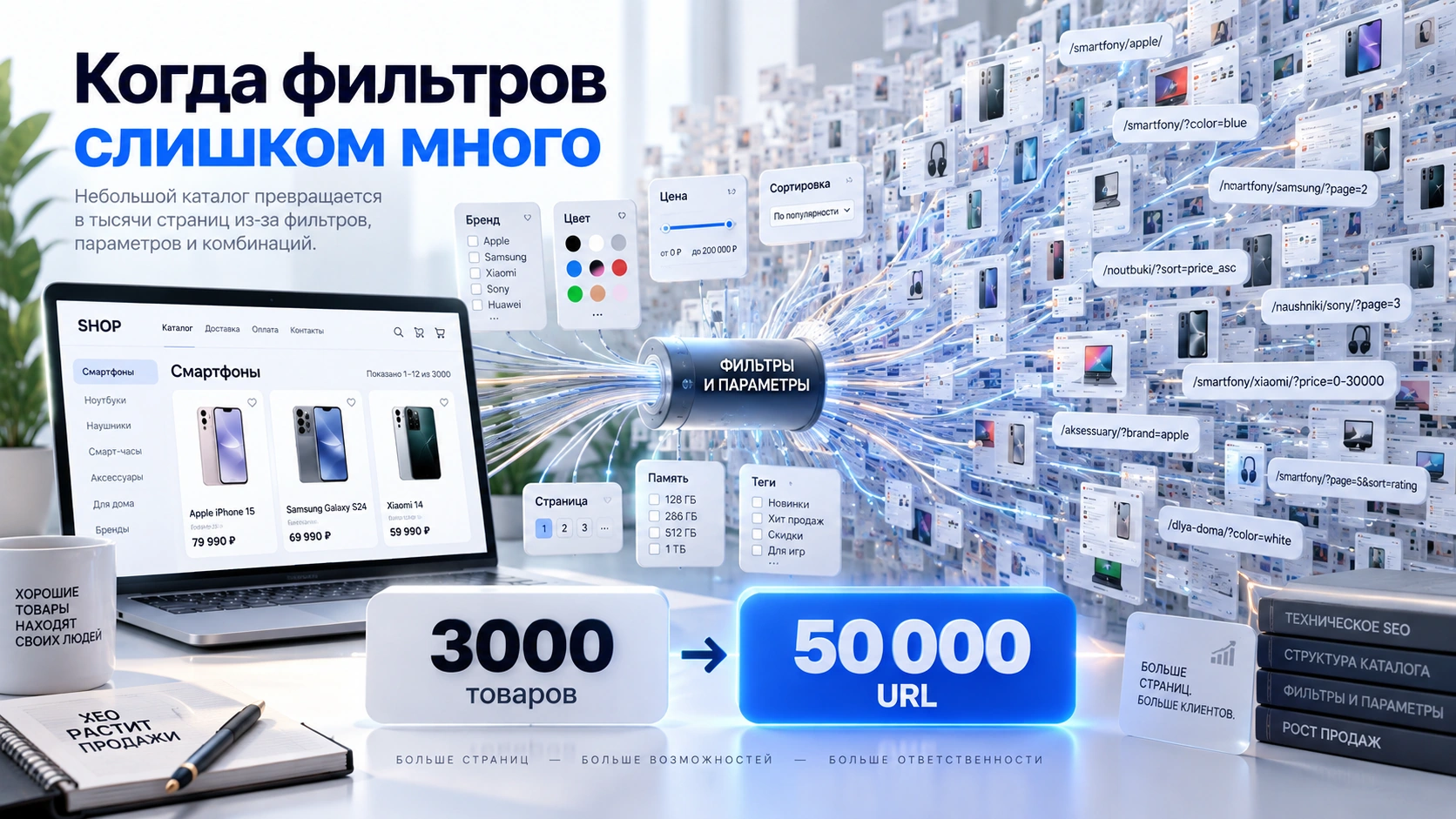 Как 3000 товаров превращаются в 50 000 URL Фильтры превращают каталог интернет-магазина в десятки тысяч URL