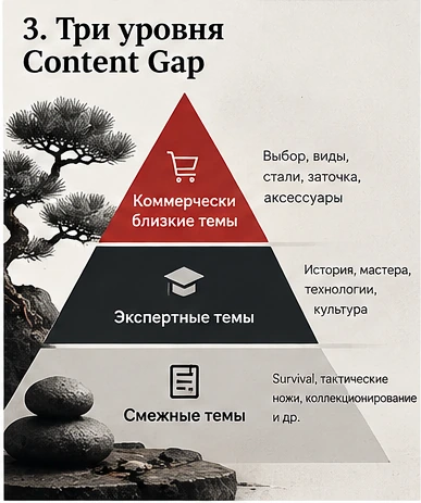 Коммерчески близкие, экспертные и смежные темы Три уровня Content Gap для магазина японских ножей
