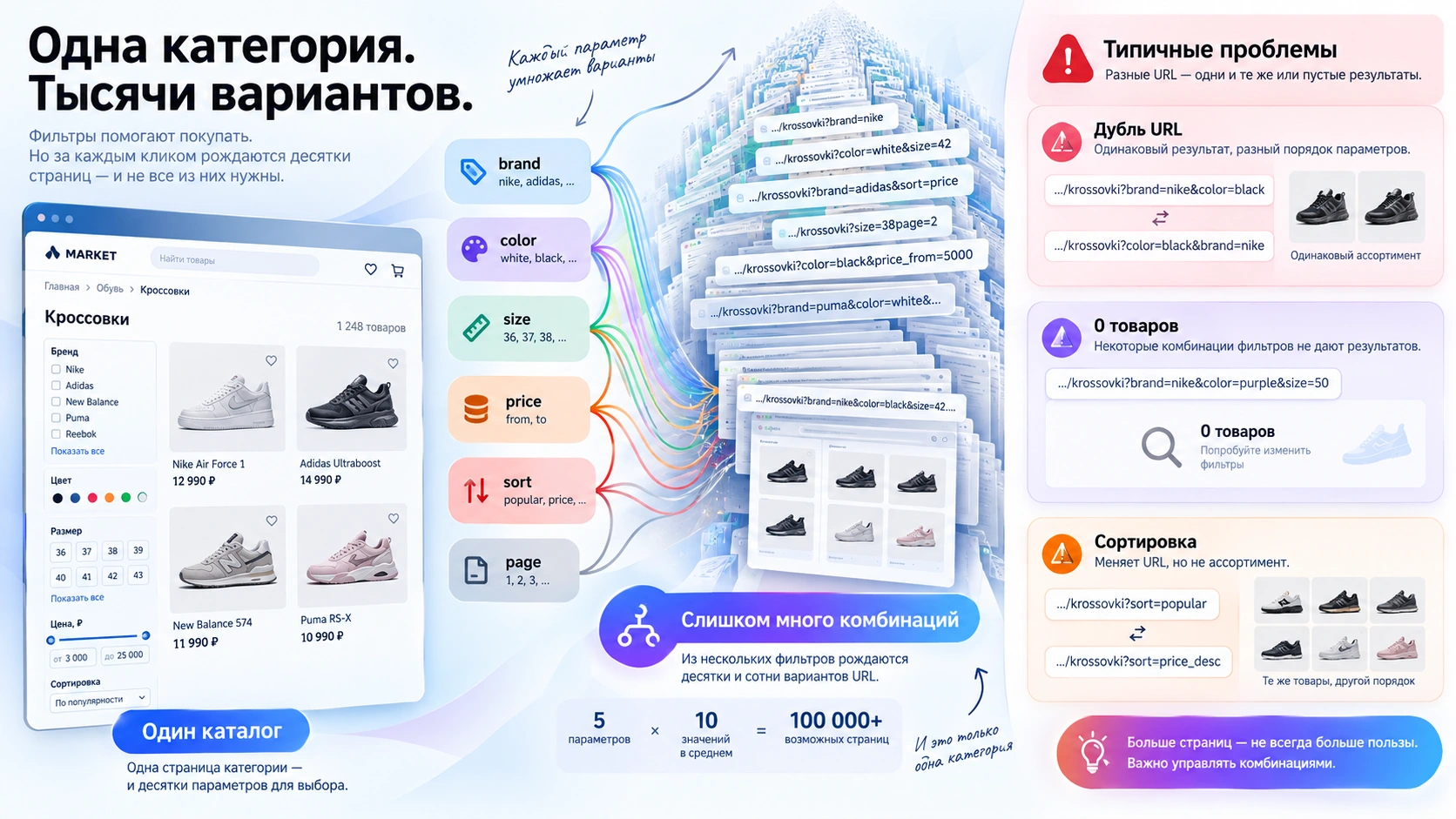 Как фильтры создают тысячи комбинаций URL Одна категория интернет-магазина создаёт тысячи вариантов URL