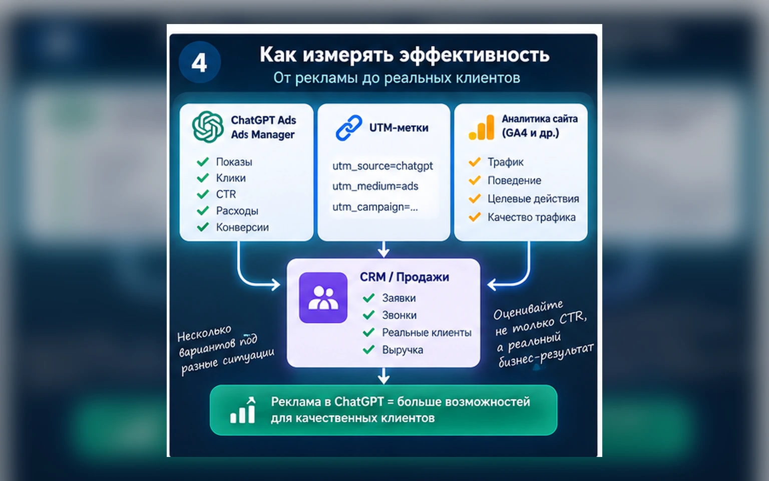 Измерение рекламы ChatGPT через Ads Manager, UTM, аналитику сайта и CRM