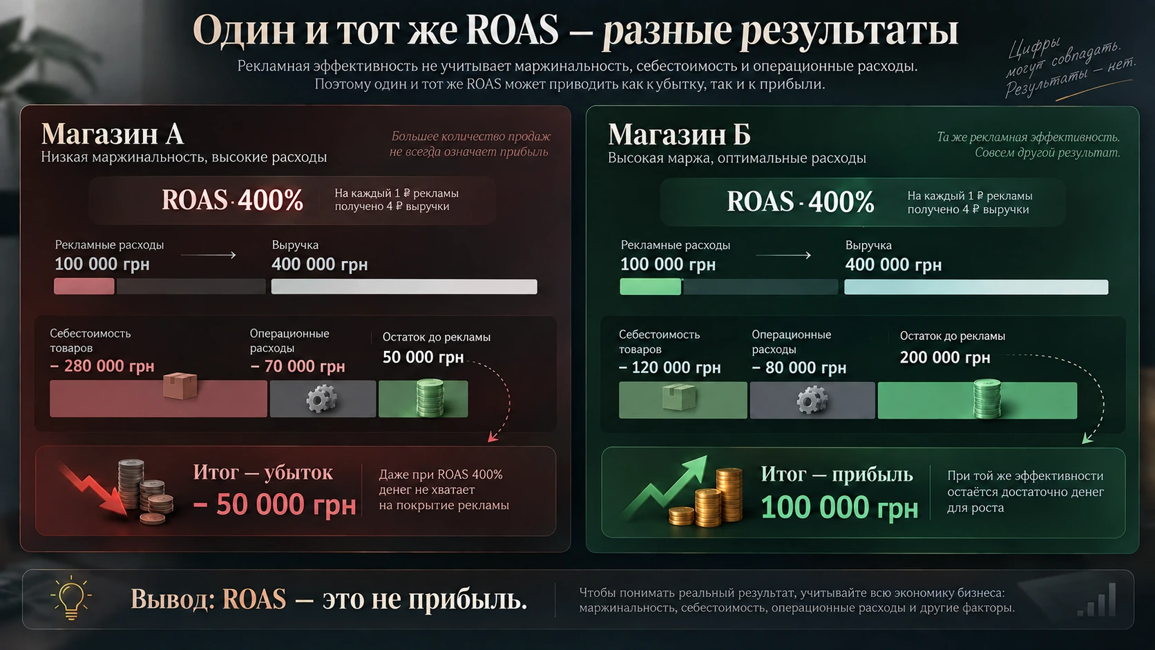 Почему одинаковый ROAS может означать прибыль и убыток Одинаковый ROAS и разный финансовый результат интернет-магазинов