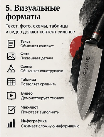 Текст, фото, схемы, таблицы, видео, чек-листы и инфографика Визуальные форматы контента для магазина японских ножей