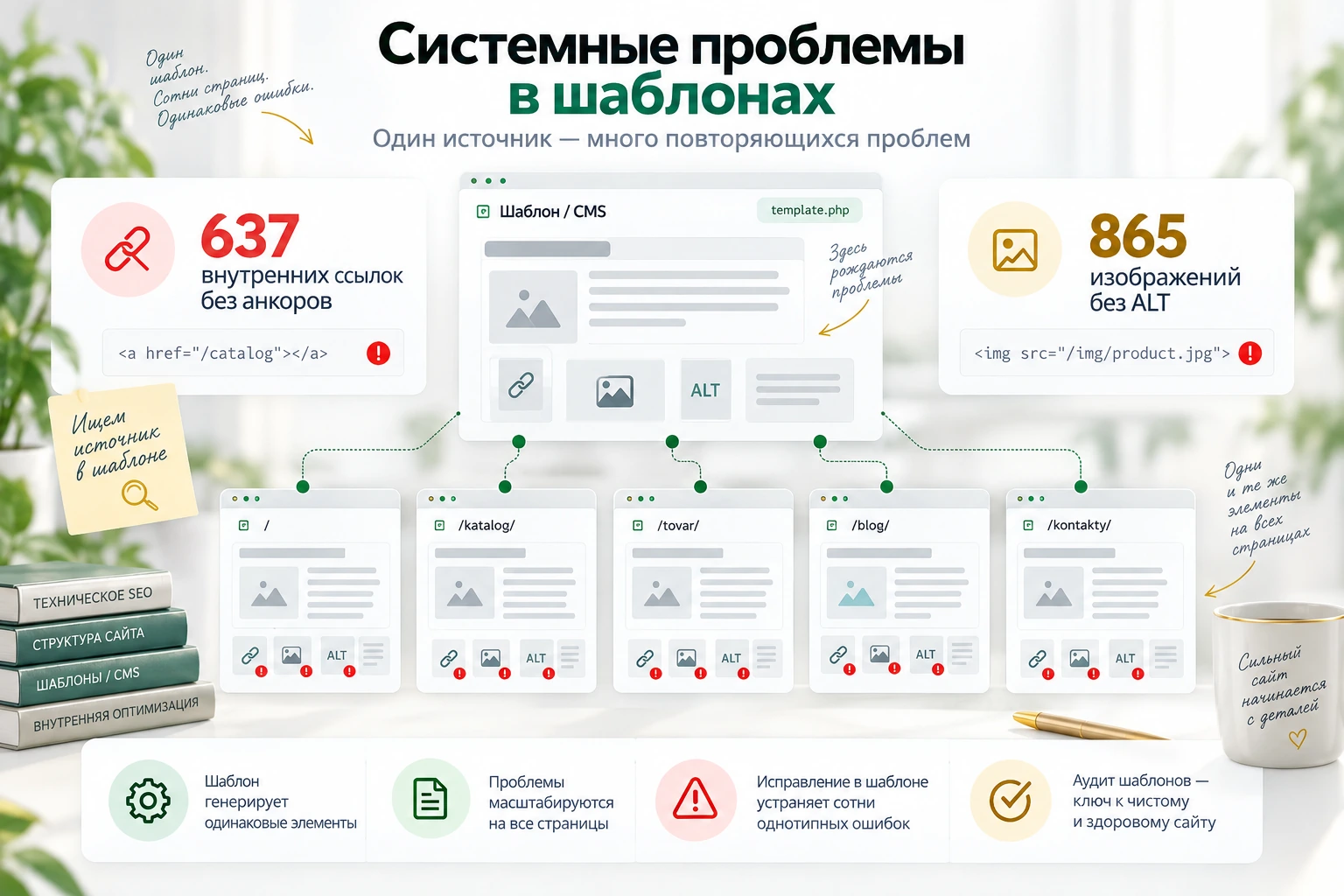 637 ссылок без анкоров и 865 изображений без ALT Системные SEO-проблемы в шаблонах сайта